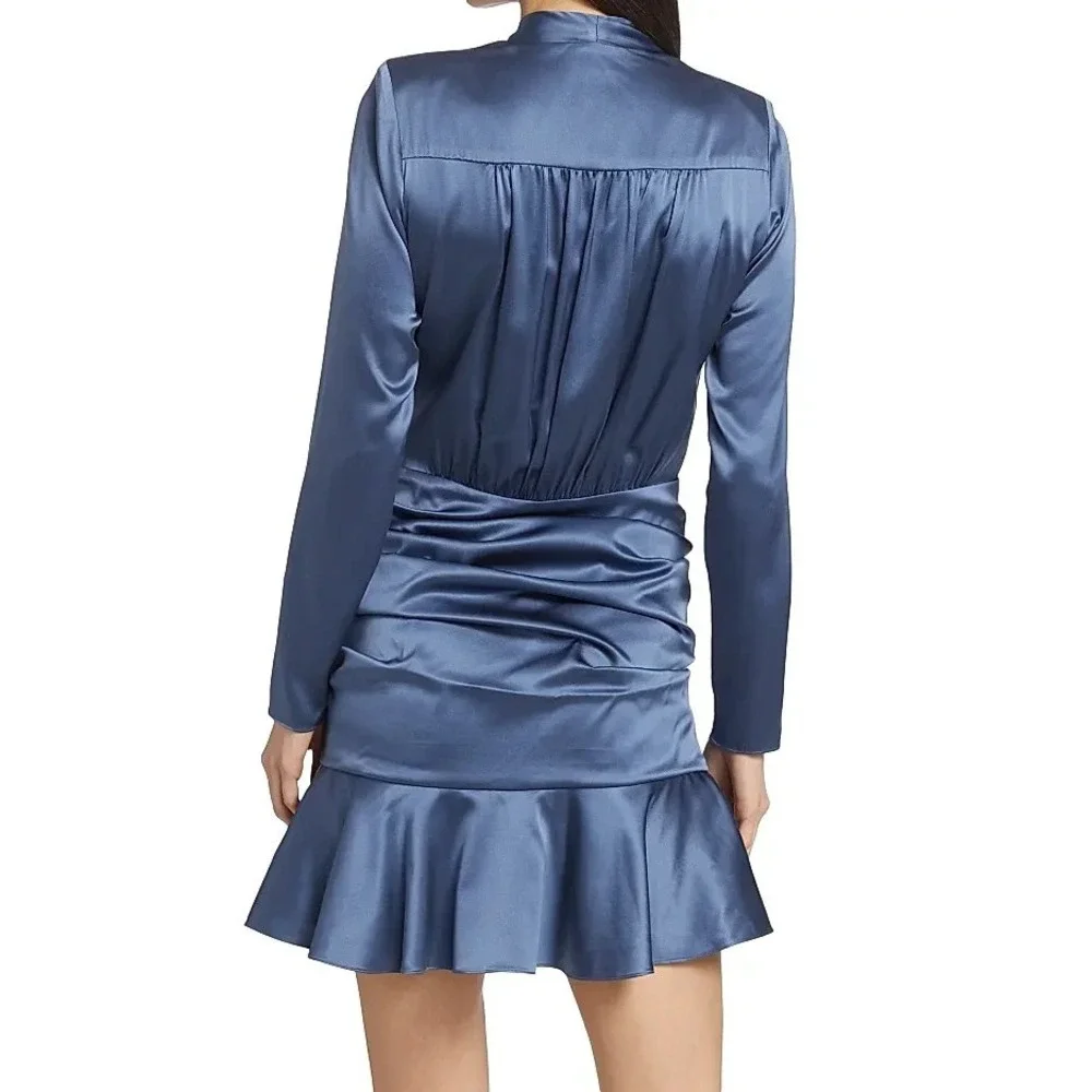 Veronica Beard Agatha Silk Wrap Dress Sz 8 Blue Satin Ruffle Mini - Picture 3 of 16